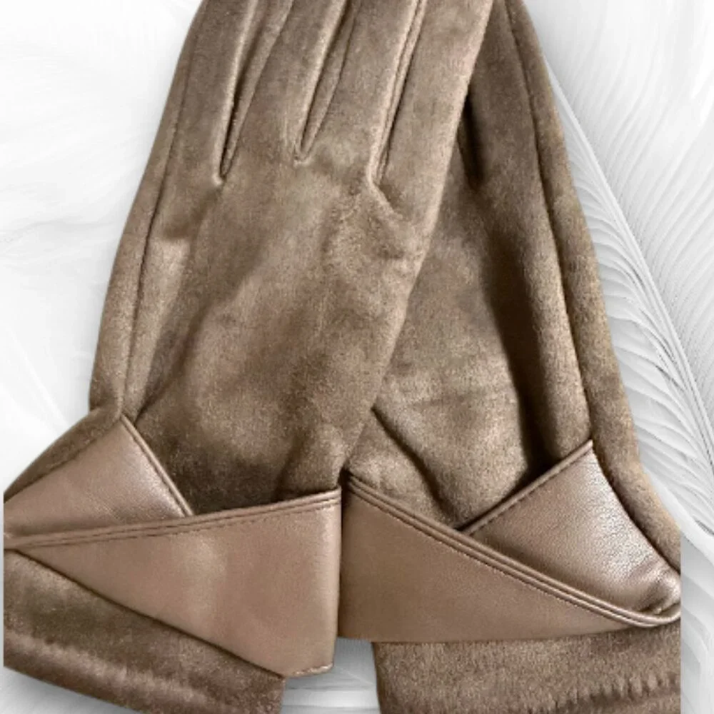Brown Faux Suede Touchscreen Gloves with Leather Trim
